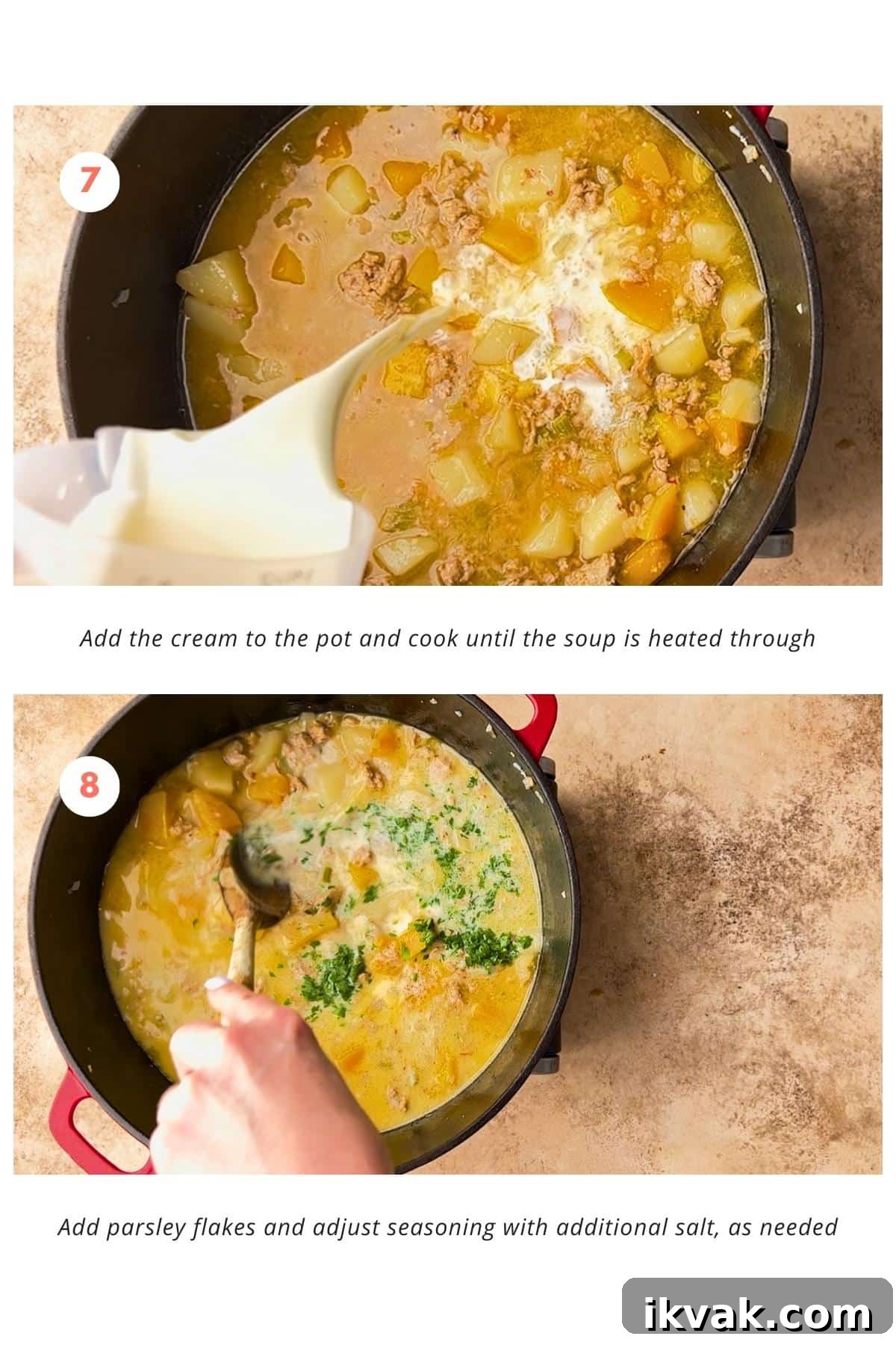 Hearty Ground Turkey Soup Recipe — Cozy Weeknight Dinner 7 Cream being added to soup