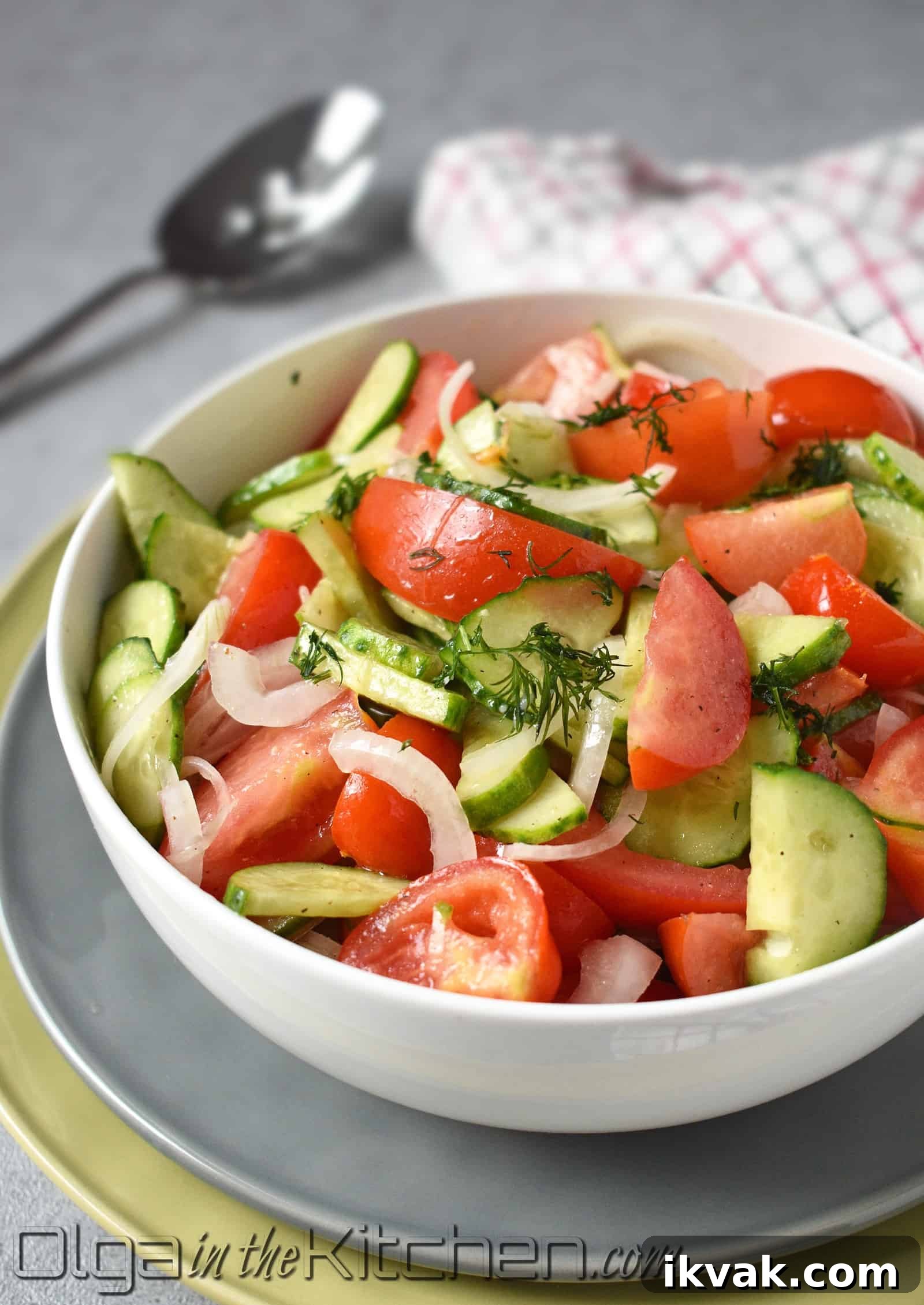 Tomato and Cucumber Salad: the easiest and the simplest 3-veggie plus a dressing salad that will wow the crowd. | olgainthekitchen.com