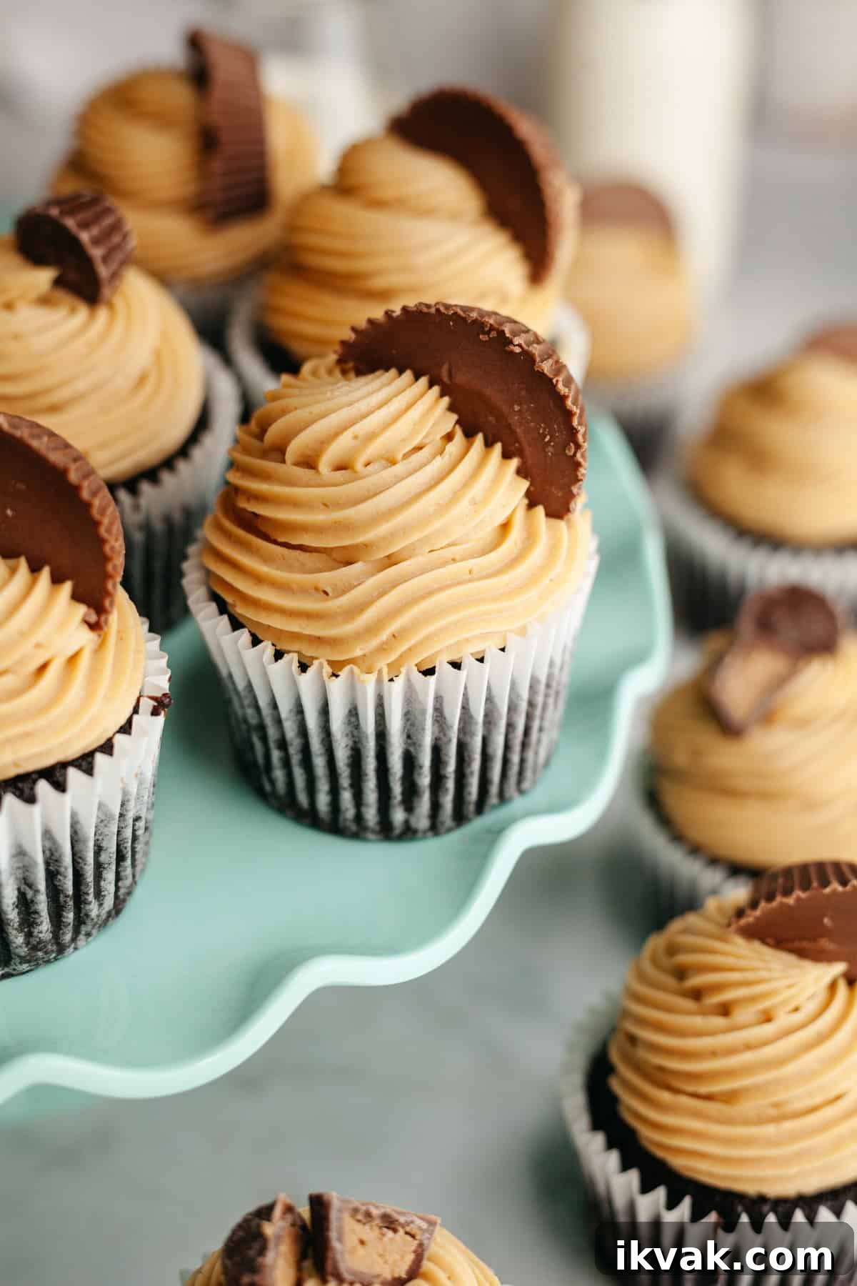 Chocolate cupcakes frosted with peanut butter frosting and topped with Reese's peanut butter cups.