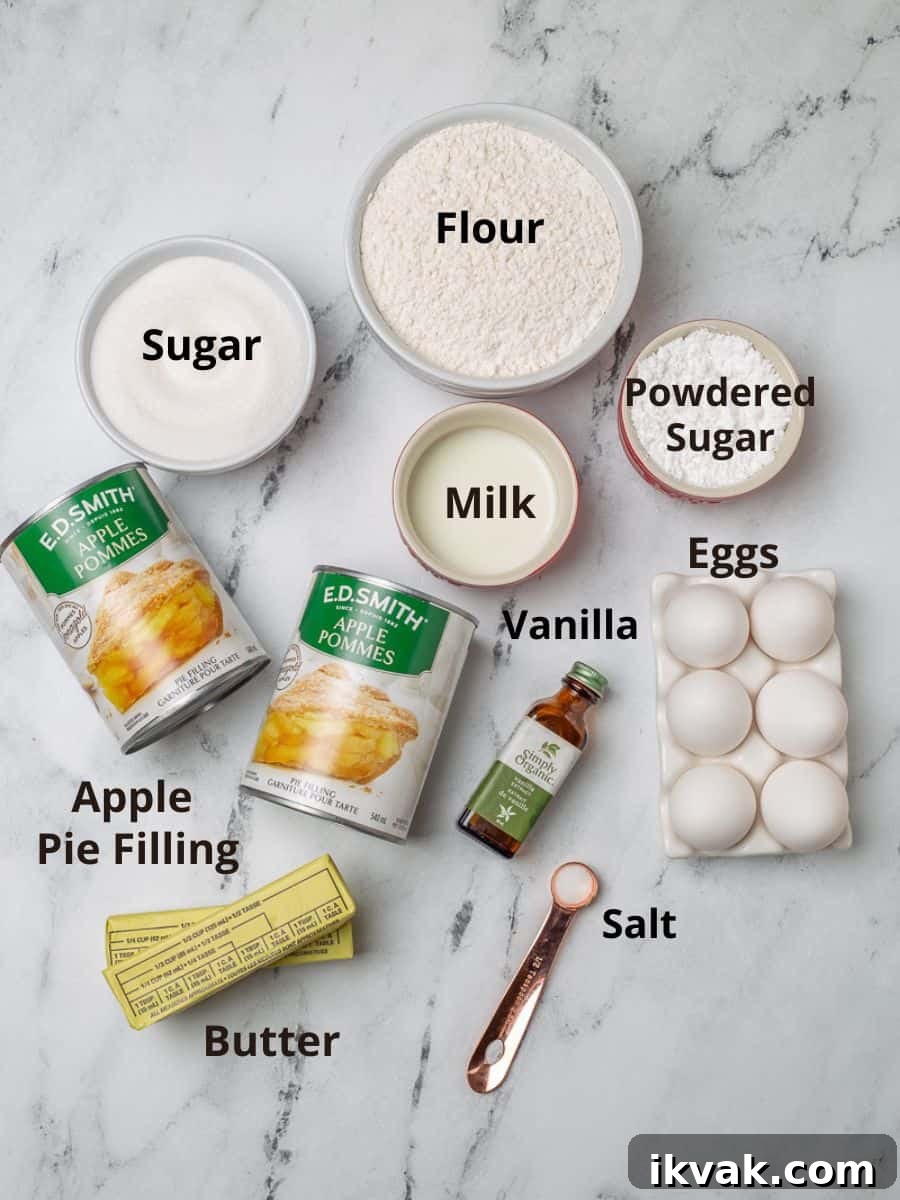Labelled ingredients for apple pie bars on marble board with text overlay.