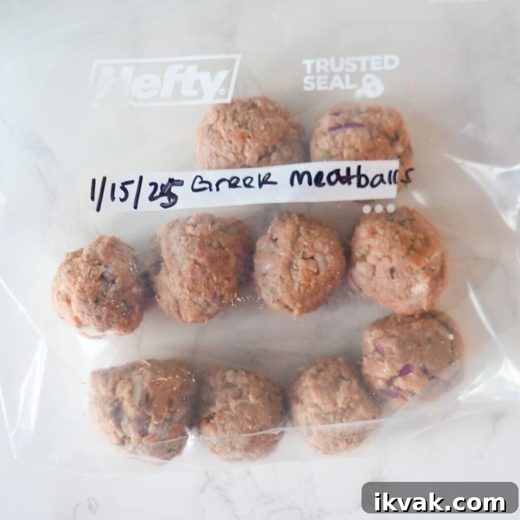 Raw Greek turkey meatballs in a ziplock bag.