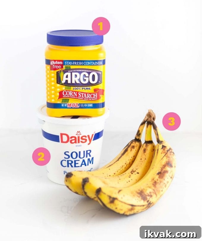 Cornstarch, sour cream, and ripe bananas to make moist banana bread