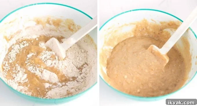 Mixing banana bread batter with spatula