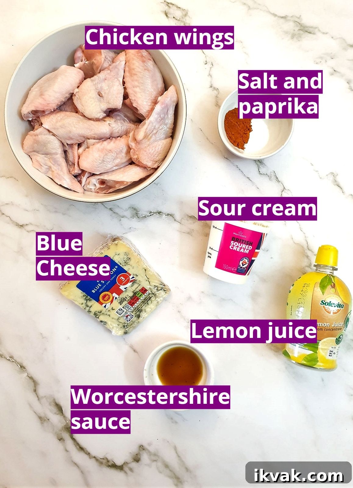 Ingredients for crispy air-fryer chicken wings and blue cheese sauce.