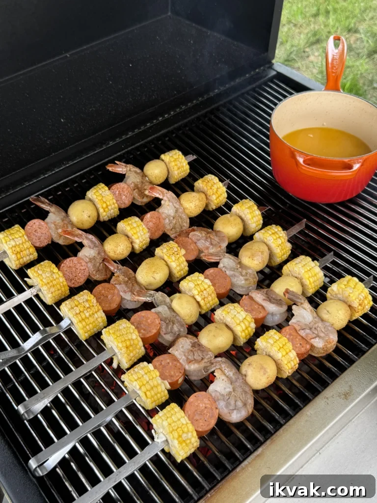 seafood boil skewers on a grill