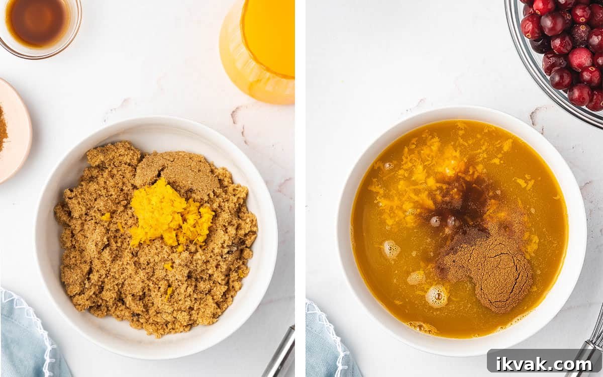 Set of two photos showing brown sugar mixed with orange zest and juice.