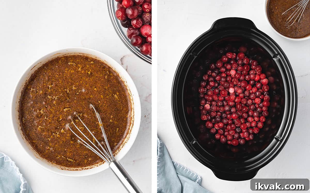 Set of two photos showing sauce ingredients mixed and cranberries added to a crockpot.