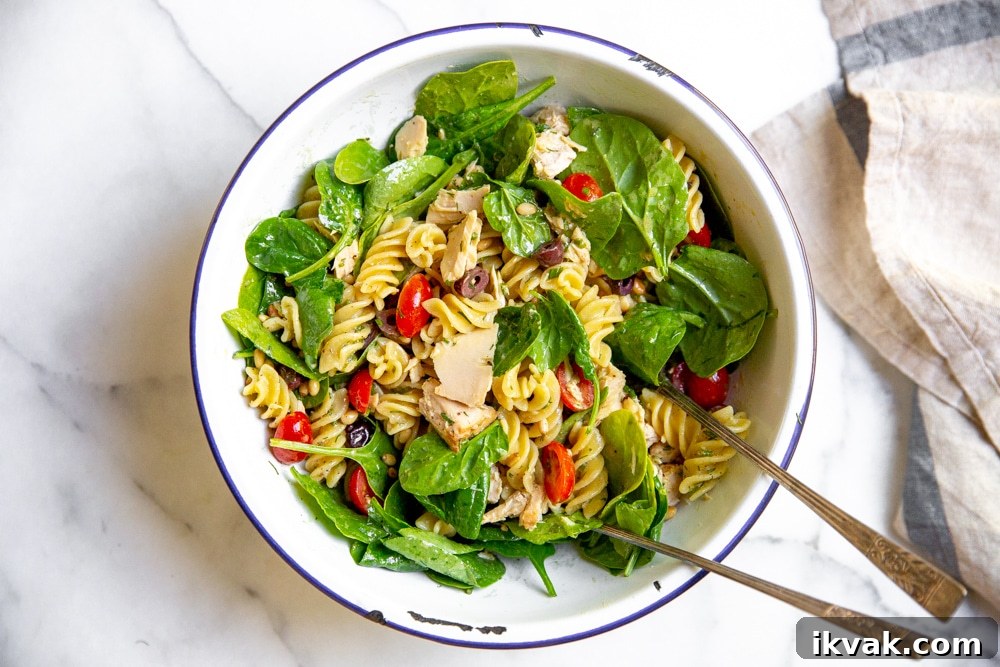 Healthy tuna pasta salad in a large bowl. 