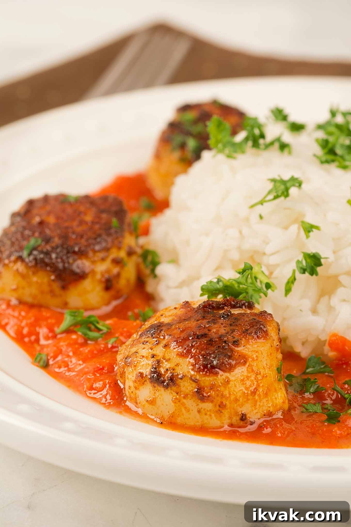 A close view of paprika-crusted, pan-seared scallops in roasted red pepper sauce, with steamed white rice, garnished with chopped parsley.