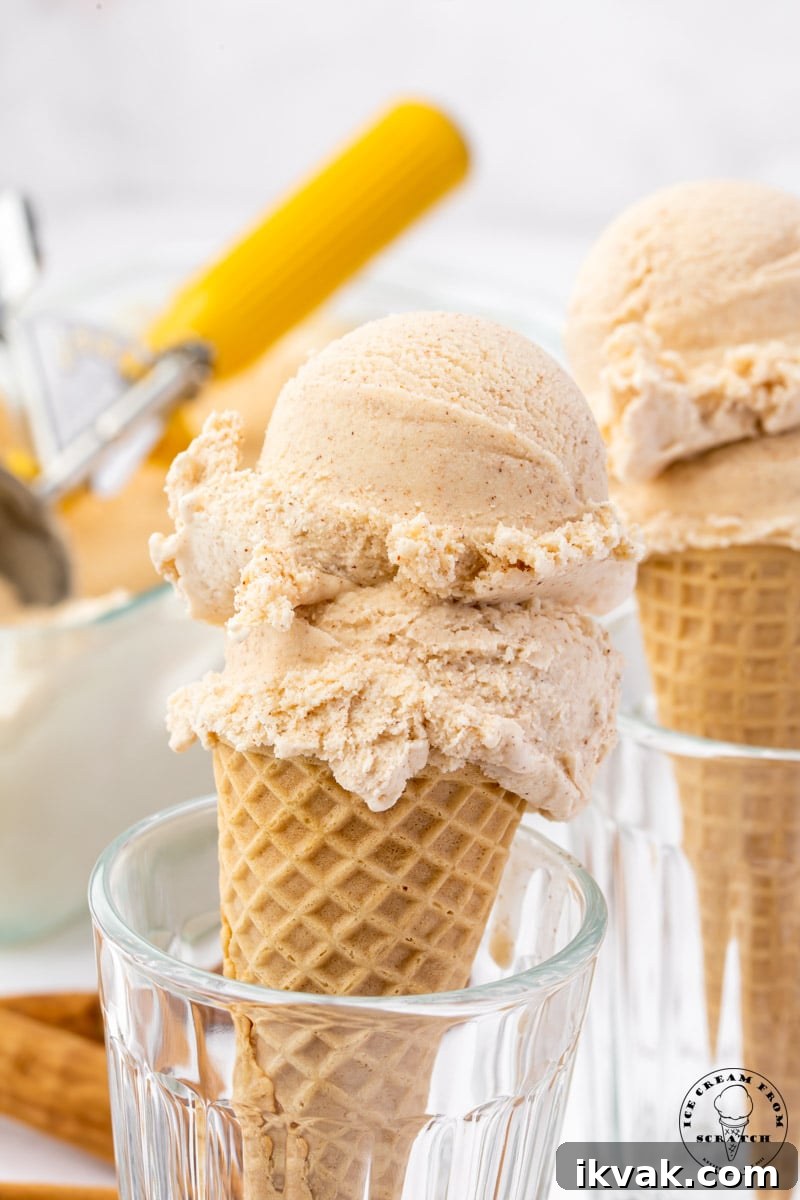 a sugar cone with two scoops of homemade cinnamon ice cream, propped up in a glass.