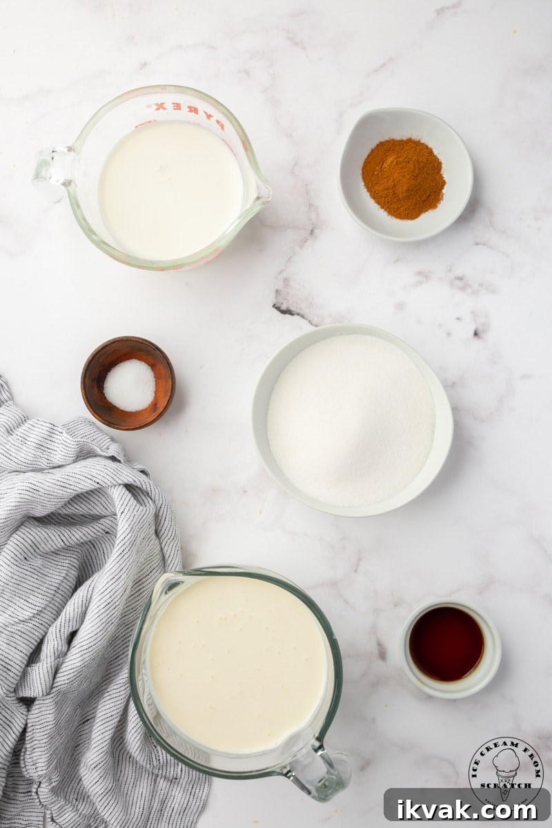 The ingredients needed to make an egg free cinnamon ice cream from scratch.