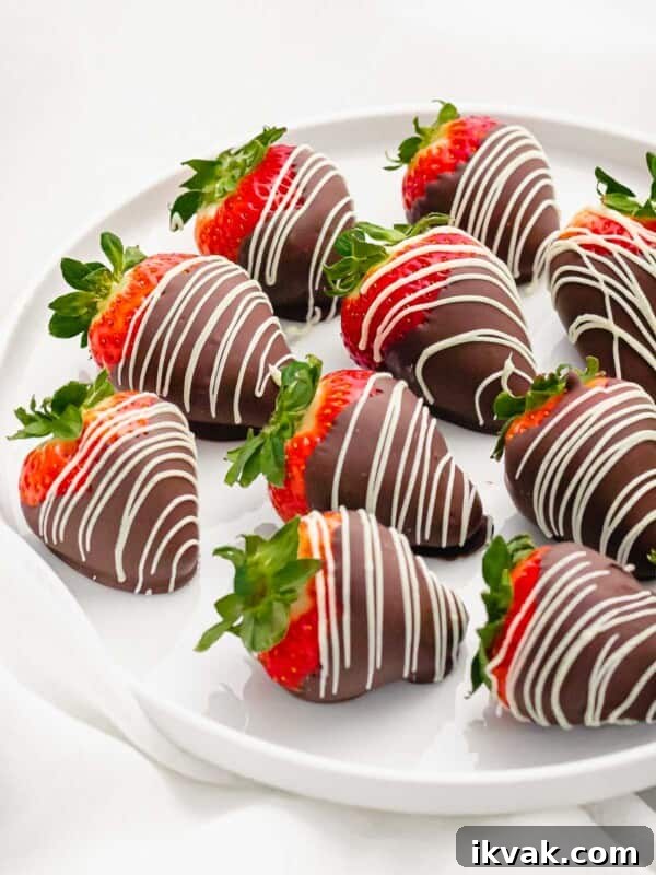 chocolate covered strawberries decorated with white chocolate drizzle on a white plate