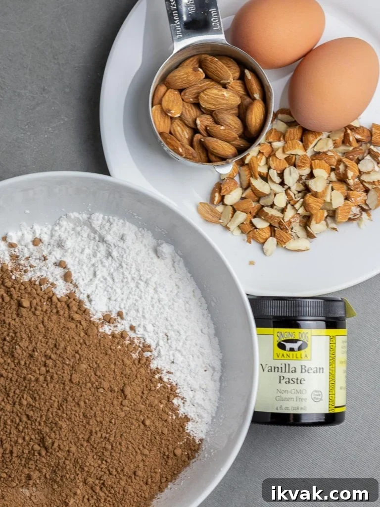 chocolate cookie ingredients with almonds, two eggs on a plate with vanilla bean paste