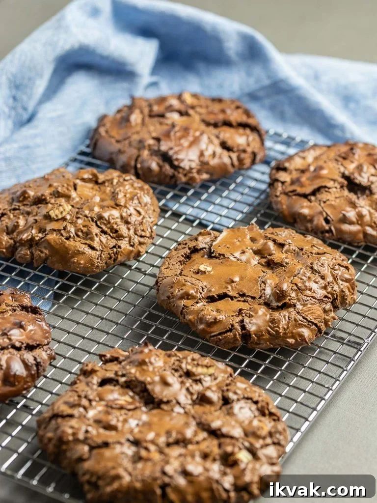 Six chocolate cookies on a baking pan with blue napkin