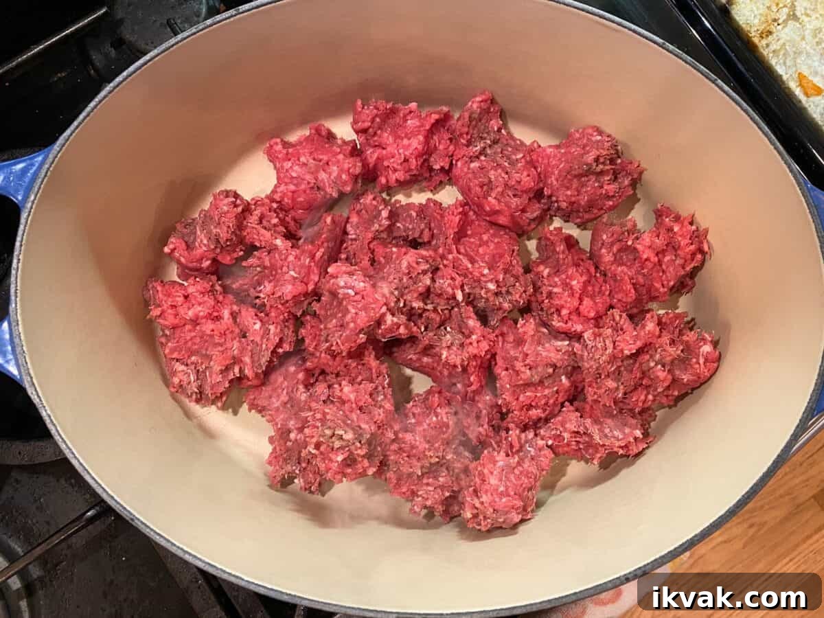 Uncooked ground beef in a large stockpot on the stove.