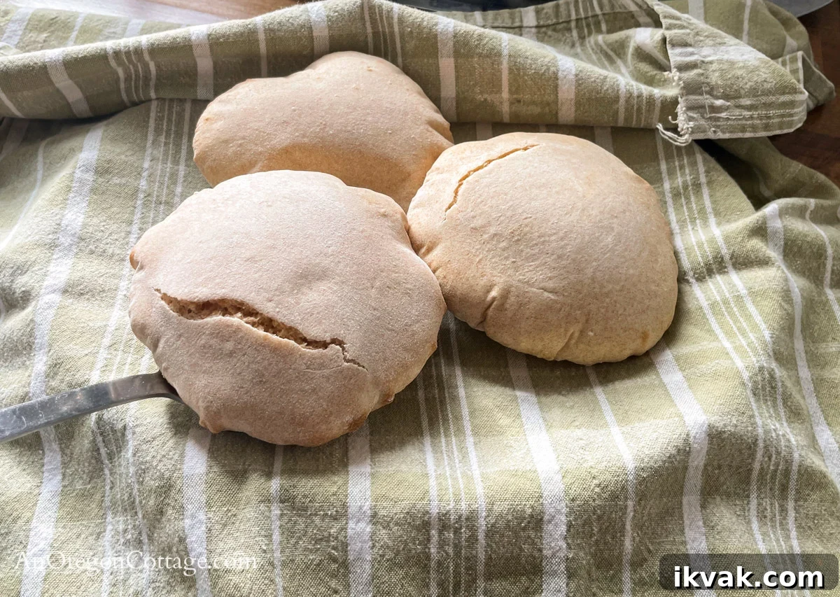 Homemade Whole Wheat Pita Bread Recipe — Soft & Fluffy 14 cooked pita on towel lined plate
