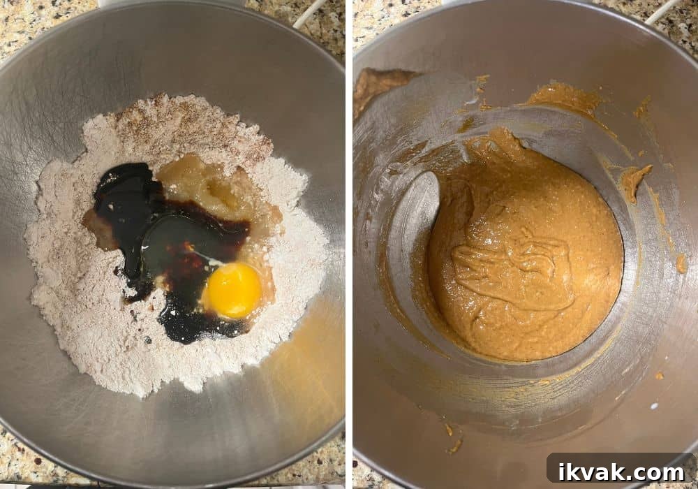 two photos; one shows Bisquick spices, molasses, applesauce, milk, and egg in a bowl; the other shows the ingredients mixed into a batter for gingerbread donut holes.