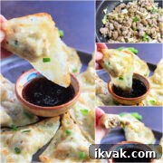 A photo collage of keto potstickers and dipping sauce.