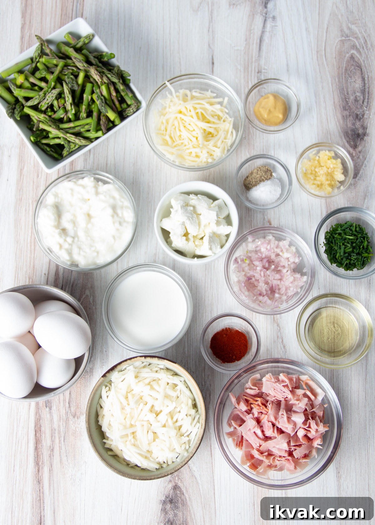 Asparagus, Ham & Goat Cheese Crustless Quiche Recipe 4 This is a picture of all the ingredients needed to make the crustless quiche.