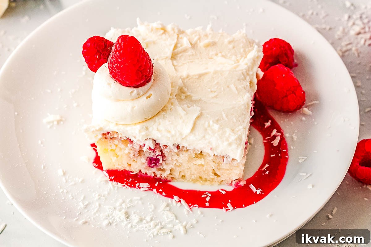 A slice of raspberry and white chocolate cake on a plate with raspberry puree.