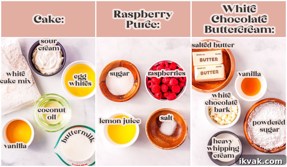 The white chocolate raspberry cake ingredients with text overlay labeling each.
