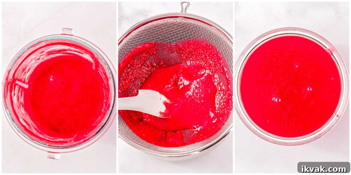 The raspberry puree cooked, then passed through a fine-mesh strainer.