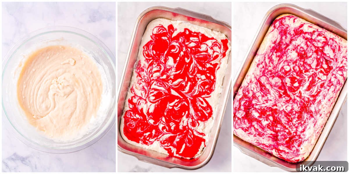 The cake batter combined, poured in the pan, swirled with raspberry puree, and baked.