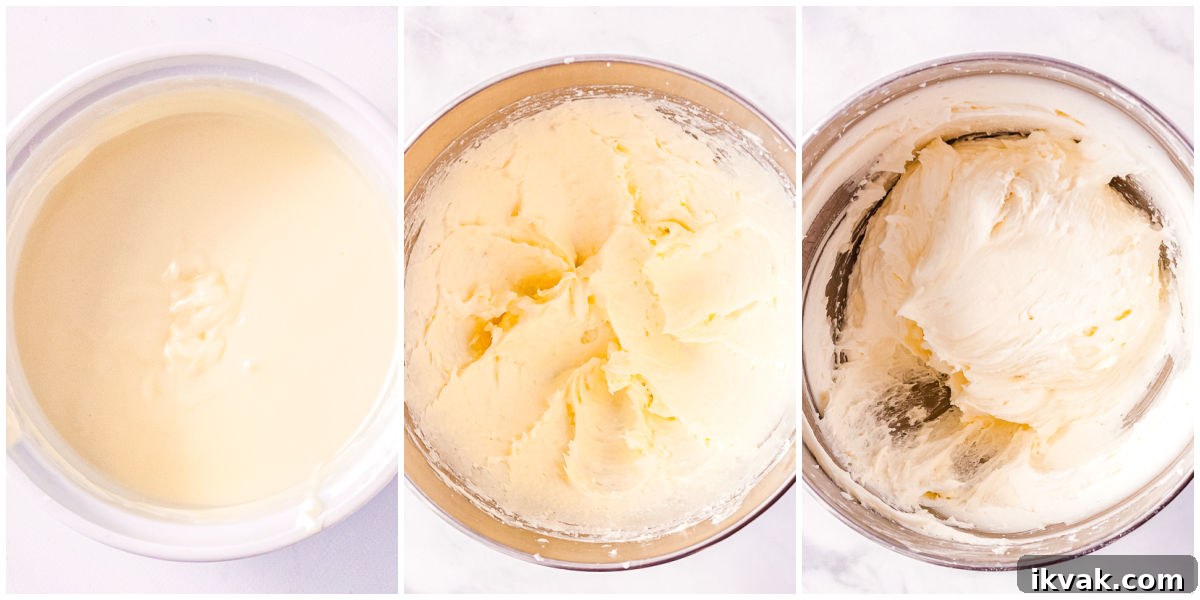 The white chooclate melted, butter beaten, and then combined with powdered sugar.