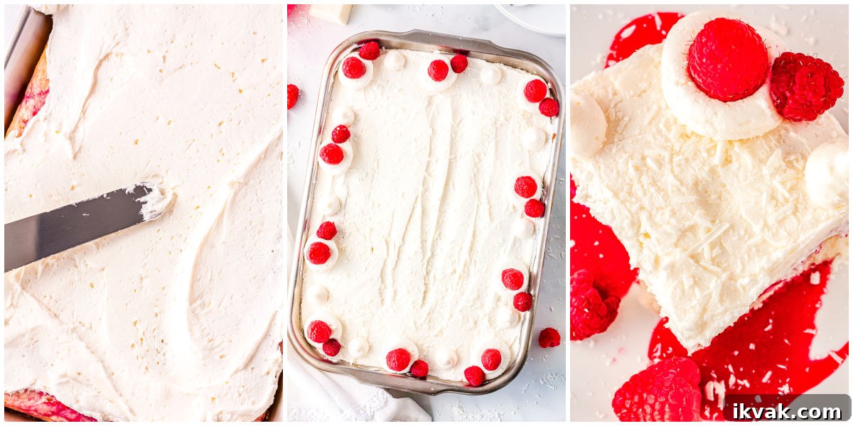 The white chooclate buttercream spread on the cooled cake, garnished, and then served.