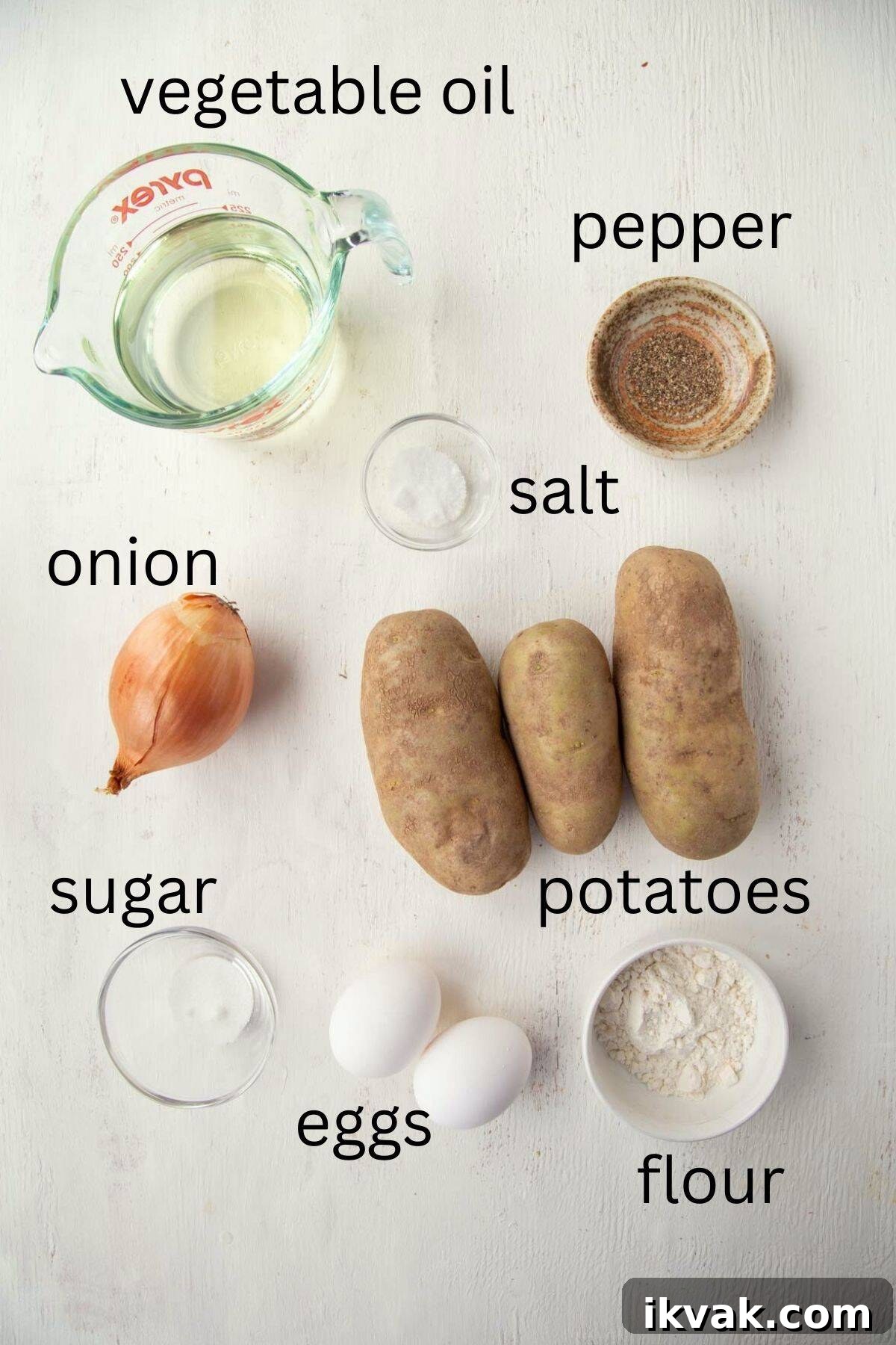 Crispy Potato Pancakes Recipe: Golden Hash Browns from Scratch 5 potatoes, onion, oil, flour, eggs, and other ingredients.
