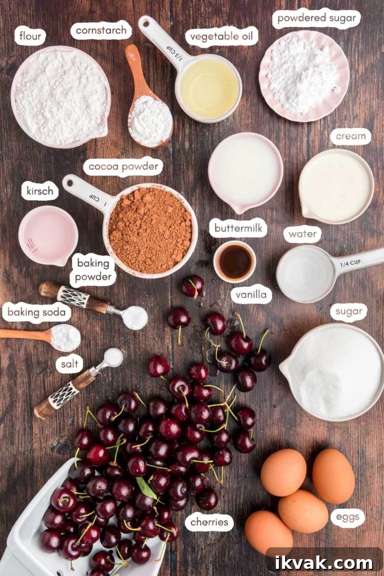 Overhead photo of ingredients to make black forest cake prepped on a wooden counter.