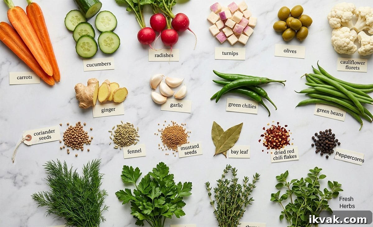 One-Pot Quick Pickled Vegetables for Crispy, Tangy Snacks 3 Ingredients for recipe on white marble background- variety of vegetables, herbs, spices.