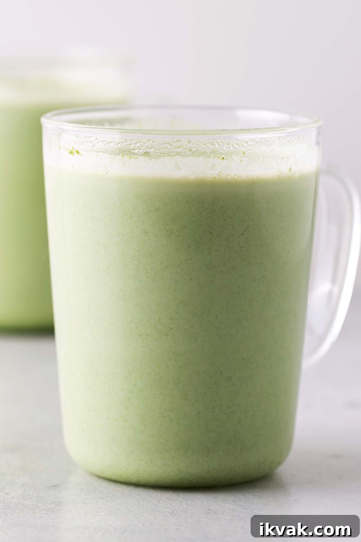 Dunkin' Matcha Latte Copycat in a clear mug.