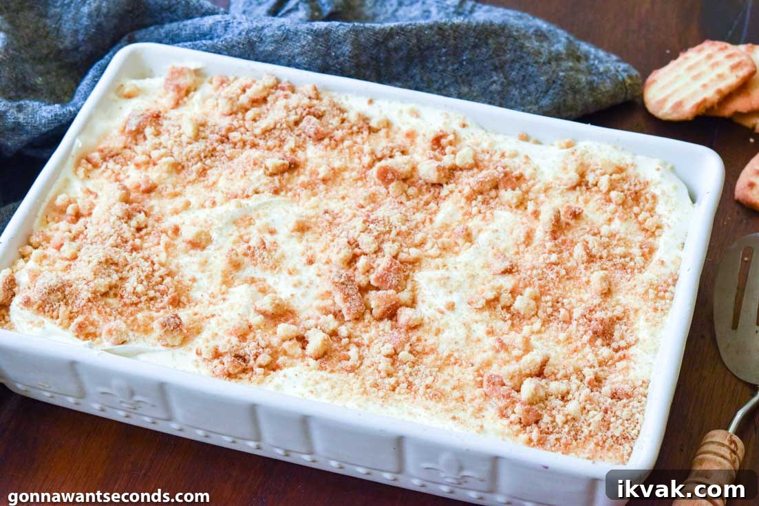 Blueberry Yum Yum topped with crushed cookies in a baking dish