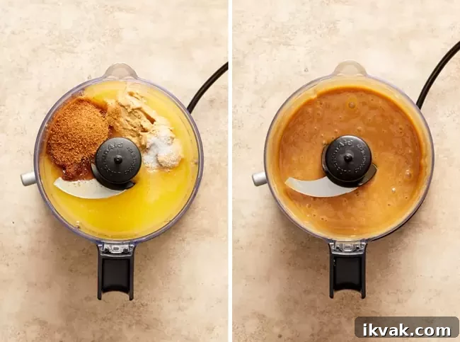 Caramel ingredients in a food processor unblended and then fully blended.