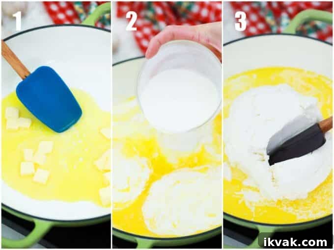 Creamy Homemade Alfredo Sauce Recipe for Pasta Night 5 melting butter, cream cheese, and cream in a pan to make Alfredo sauce