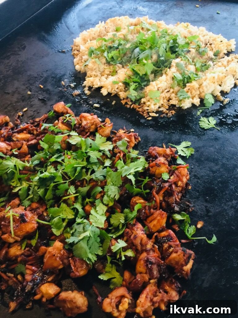 adding cilantro to Blackstone Honey Lime Chicken Bowls