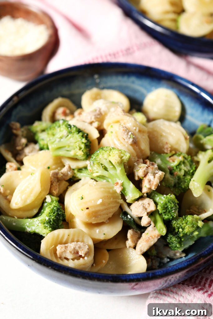 Orecchiette with Ground Turkey and Broccoli — Quick Weeknight Pasta 7 Close up of a blue bowl holding a large serving of Turkey Broccoli Orecchiette pasta