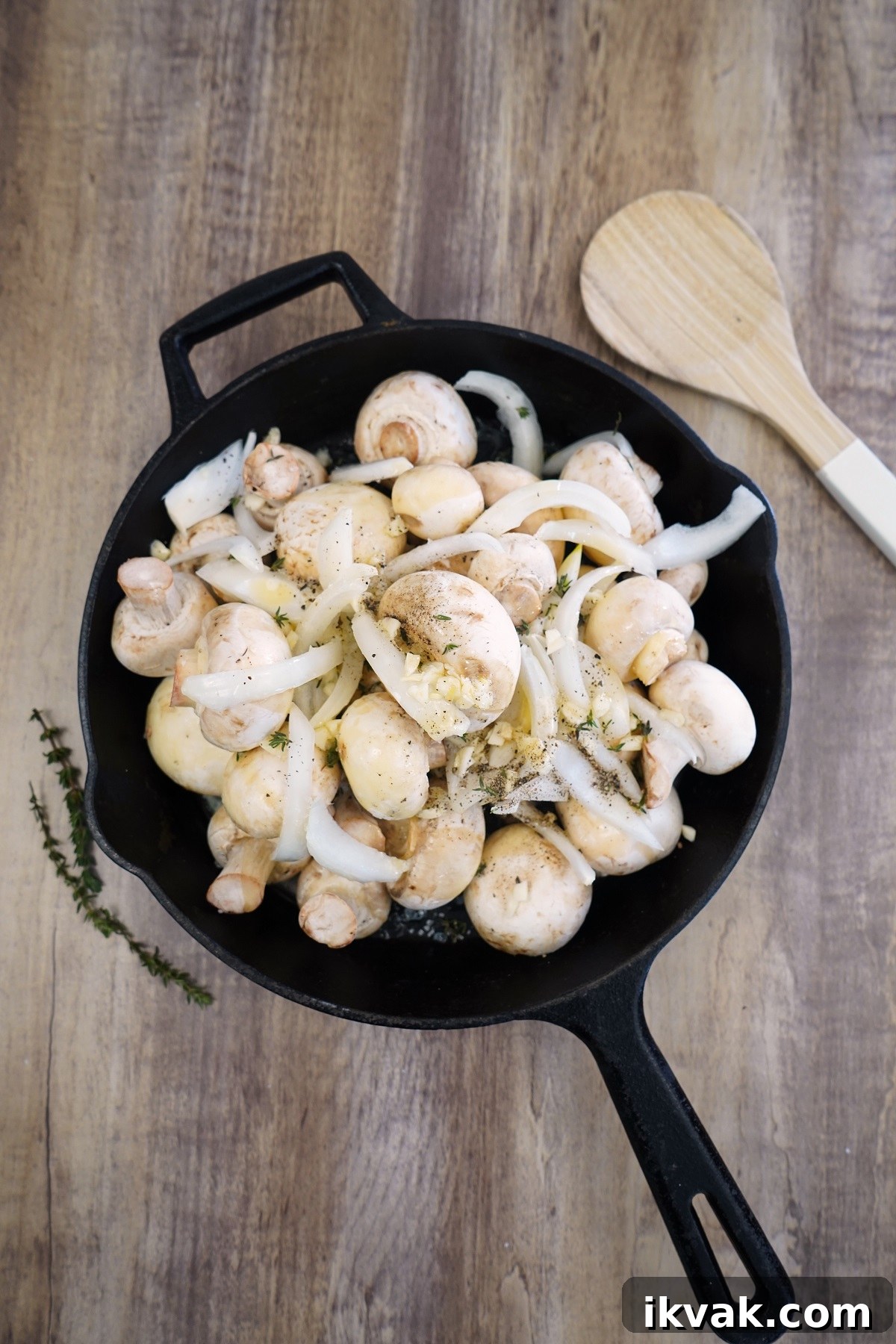 In a large cast iron skillet or pan of choice combine all of the ingredients for the smoked mushrooms.