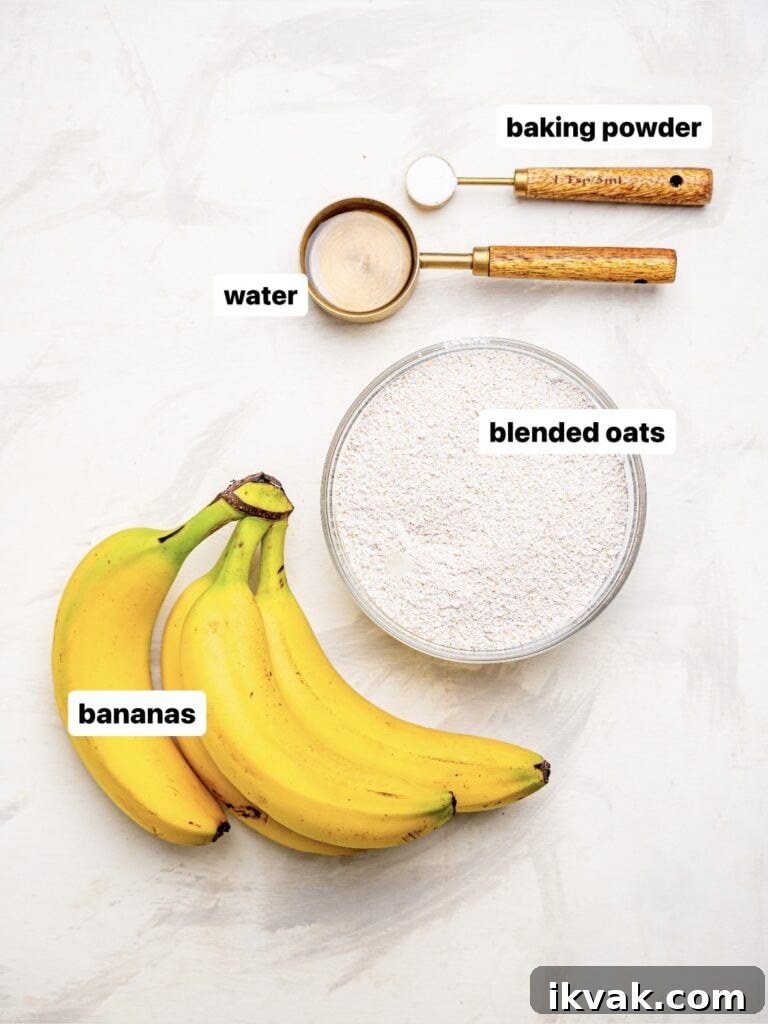 Ingredients for 3 ingredient banana oatmeal muffins.
