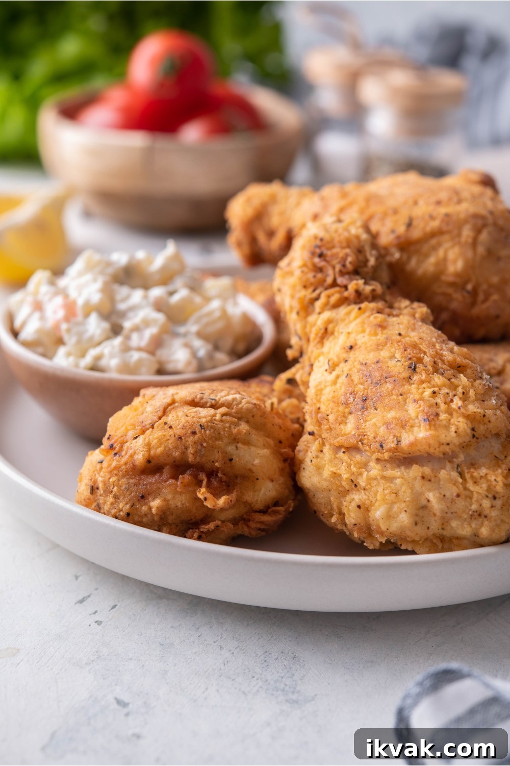 A plate of dark meat fried chicken piled on top of each other with a side of potato salad.
