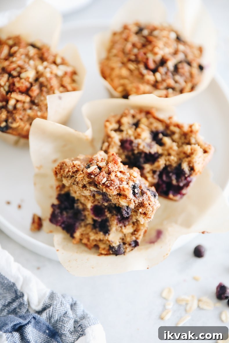 Blueberry Oat Muffins with Oats and Honey Crumble 7 blueberry oatmeal muffins cut in half with a pecan streusel.