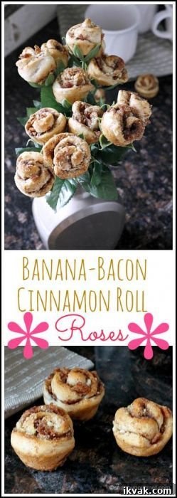 Banana Bacon Cinnamon Roll Roses recipe - special easy breakfast treat for the best Father's Day! SnappyGourmet.com