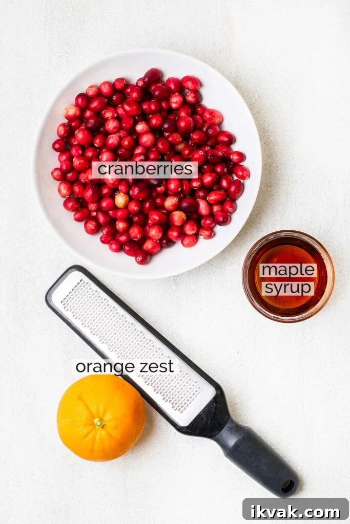 Maple Cranberry Sauce Recipe: Sweet-Tart Holiday Condiment 3 The ingredients needed to make homemade cranberry sauce with maple syrup.