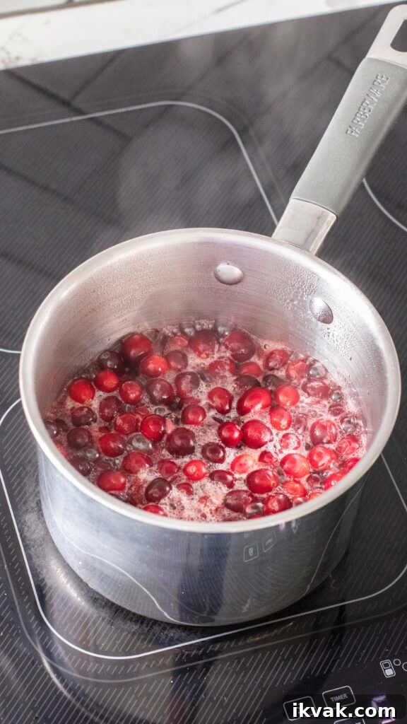 Maple Cranberry Sauce Recipe: Sweet-Tart Holiday Condiment 4 Cranberries boiling in a saucepan.