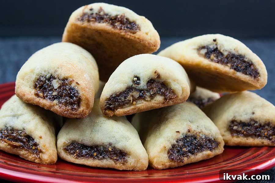 Italian fig cookies or Cucidati stacked on a red plate.