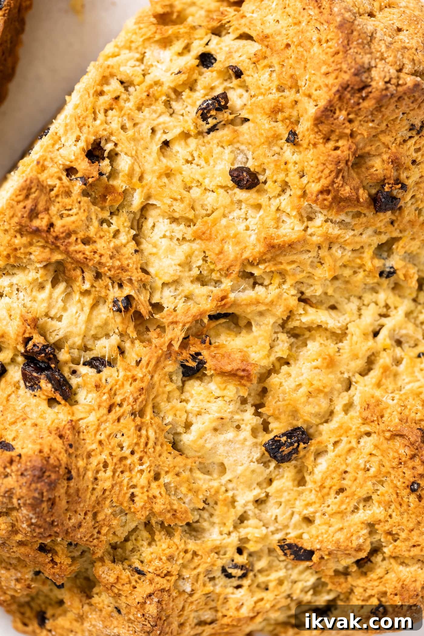 Orange Cherry Irish Soda Bread Recipe for Zesty Homemade Loaf 5 Top down view of top of Irish soda bread showing the golden texture of bread with peaks and valleys and craggy areas