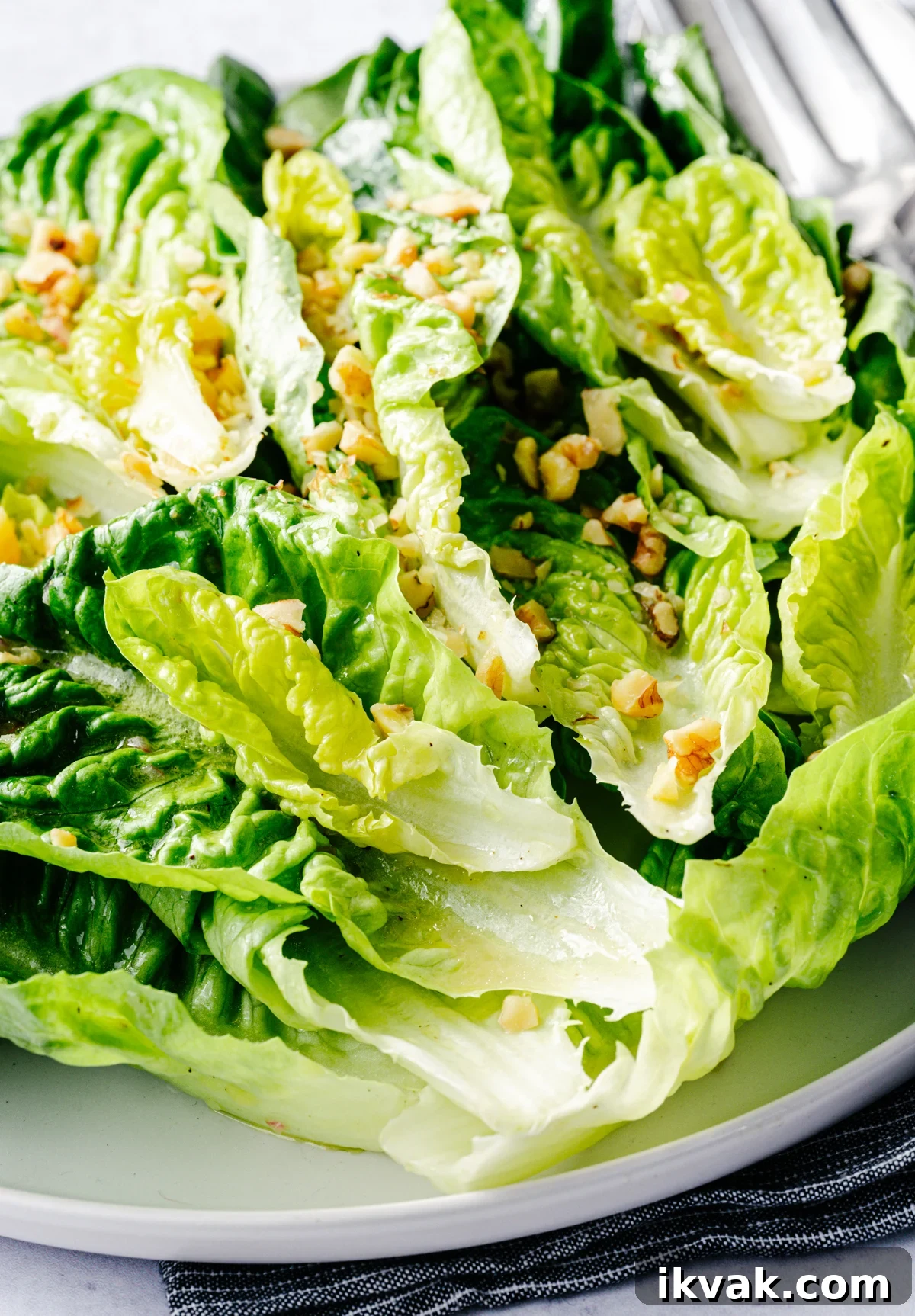 Crisp Little Gem Lettuce Salad with Lemon Vinaigrette 8 Little Gem Salad served on a round white platter.