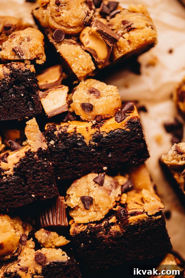 close up shot of side view of peanut butter cookie dough brownies