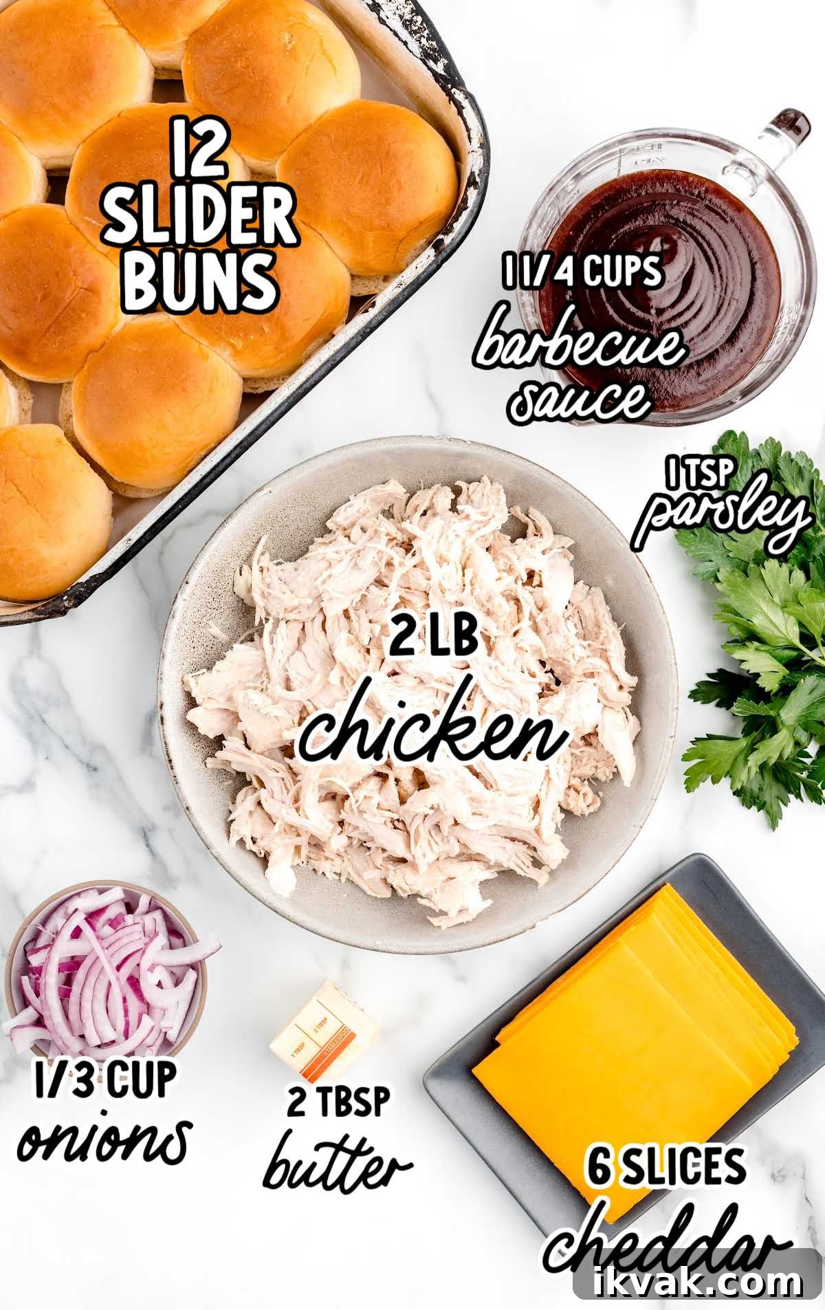 Tangy BBQ Chicken Sliders Recipe for Crowd-Pleasing Sandwiches 3 BBQ Chicken Sliders raw ingredients that are labeled
